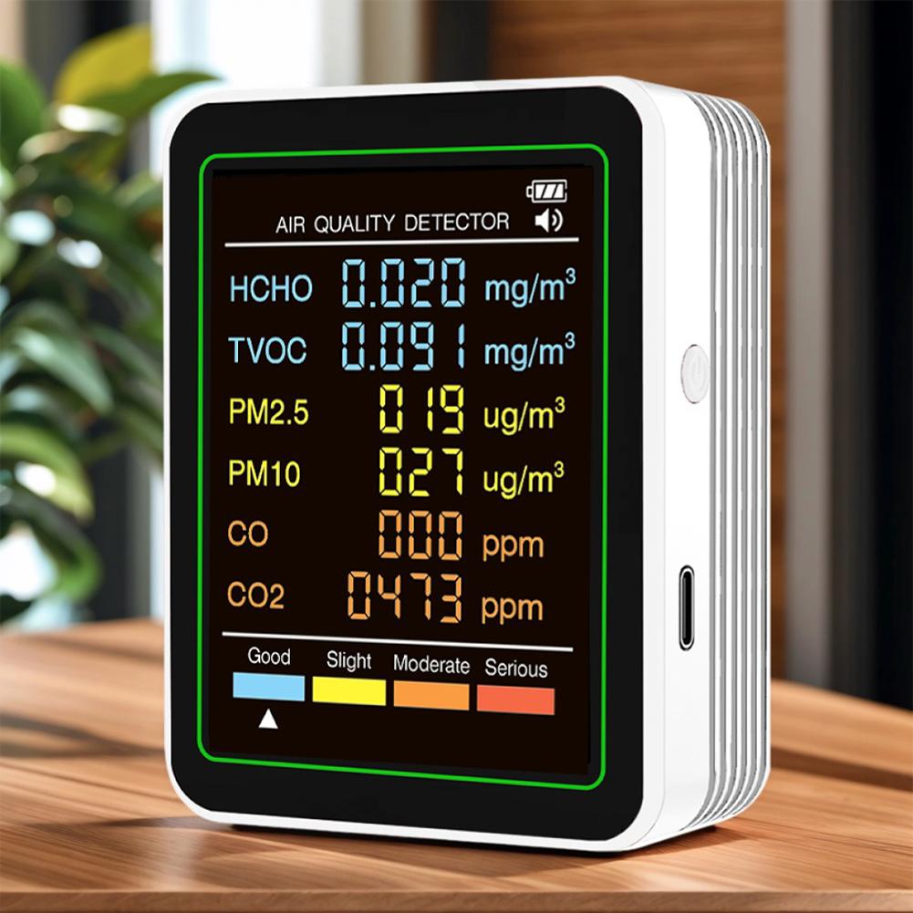 NEW 6-in-1 Air Quality Monitor Real-Time Carbon Dioxide Detector Formaldehyde TVOC CO2 CO Temp Humidity Tester for Home & Office