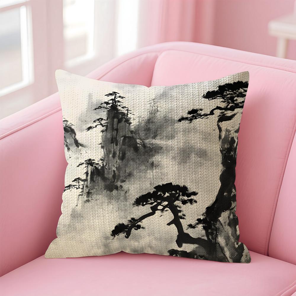 Ink Painting Chinese Style Cushion Cover Natural Linen Pillow Case DoubleSided Print Decorative Sofa Pillowcase Home Decor Gift