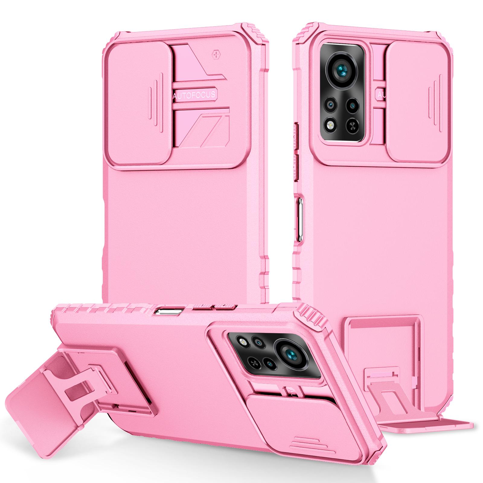 

For Infinix Hot 11s NFC 4G Slide Camera Protection Anti-Fall Cell Phone Shell Kickstand PC+TPU Hybrid Cover Phone Case Pink