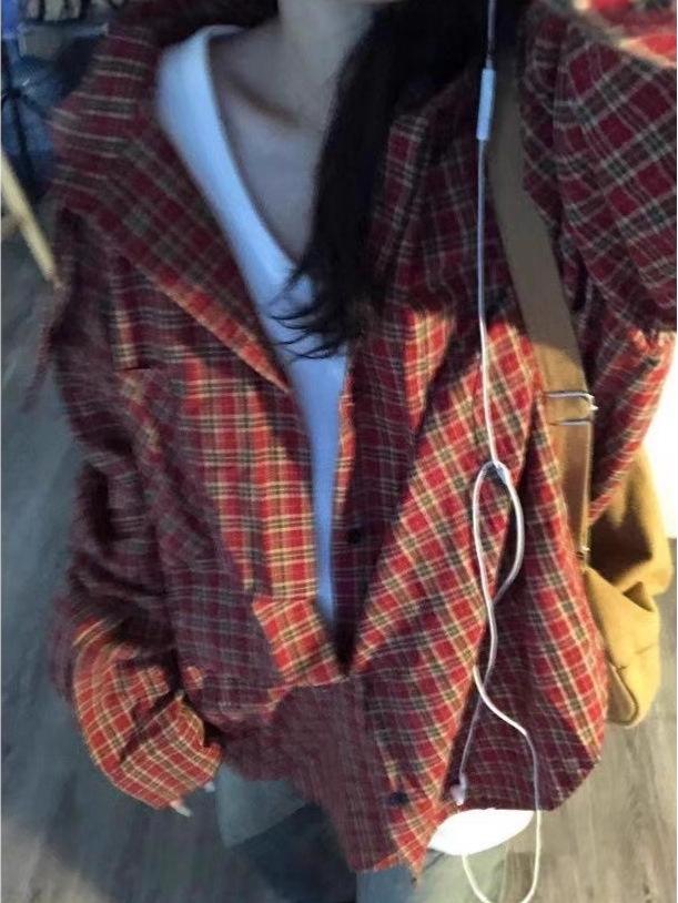 Women's Retro Red Plaid Loose Long-Sleeve Shirt - Spring/Autumn Stylish Top