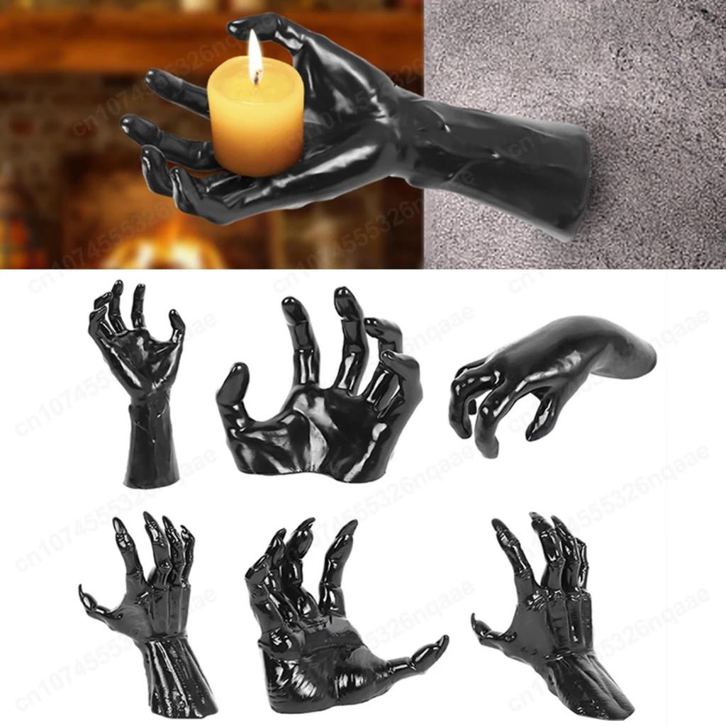 Halloween Decorations Devil Hand Statue Candle Holder Black Demon Hand Sculpture Wall Mounted Gothic Spooky Devil Ornament Home