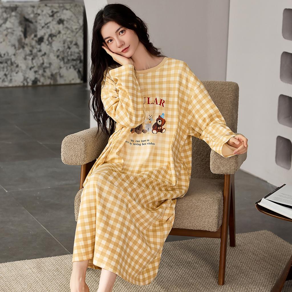 Pajamas Women'S Spring And Autumn Pure Cotton Long-Sleeved Autumn Long Round Neck Cute Cartoon Women'S Pajamas Skirt