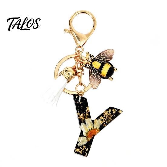 Talos Black Series Keychain Pendant, Dried Flower Initial Letter Charm Key Chain with Bee Tassel Design, A-Z Holder for Bag Purse Backpack