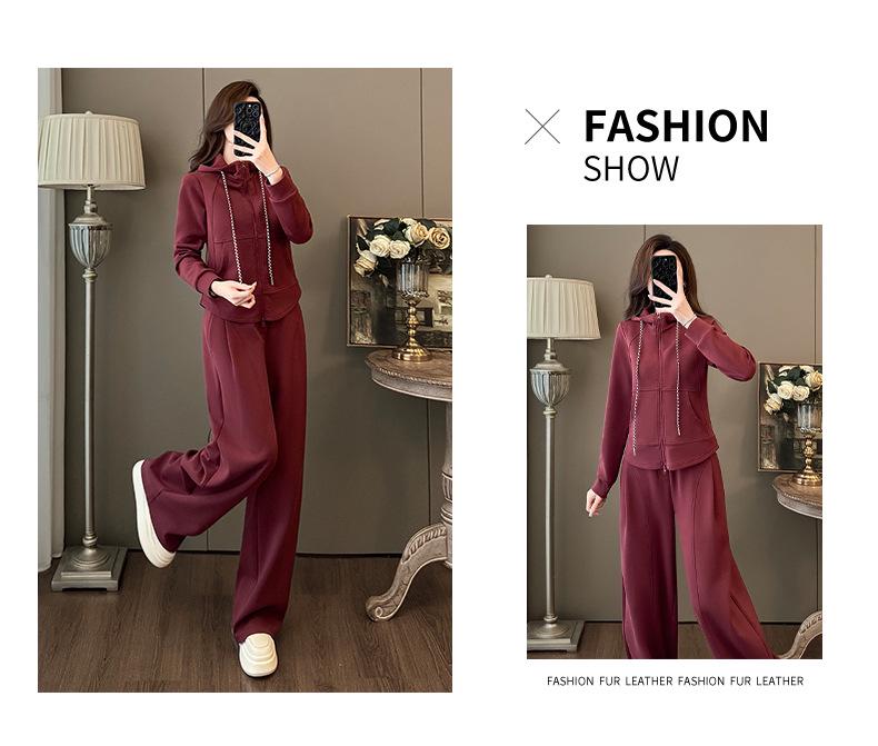 Spring Casual Fashion Set: Women's Korean-Style Zipper Cardigan Hoodie with Wide-Leg Pants, Two-Piece Set