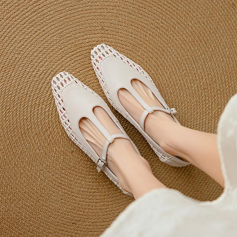 Fashion 2025 New Spring Women Pumps Genuine Leather Women Shoes Square Toe Buckle Strap Mary Janes Weave Ladies Shoes