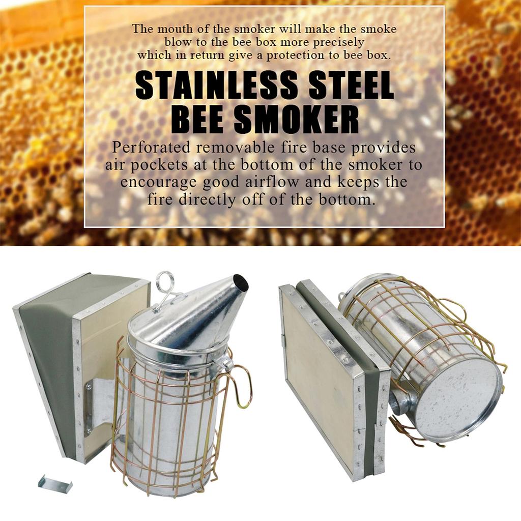 Beekeeping Stainless Steel Leather Smoker Anti-scalding Cover Bottom Manual Smoke Maker Drive Away Bees Hive Box Tool 1 Set