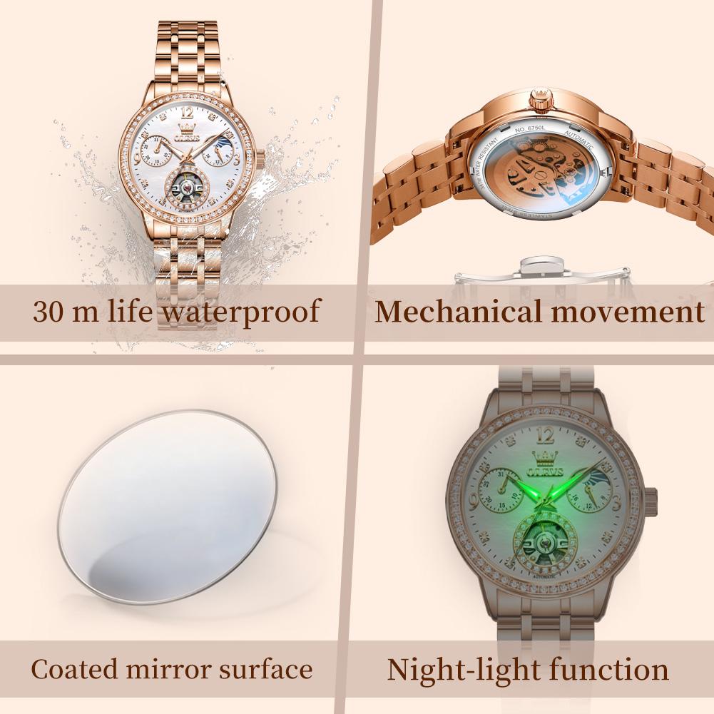 OLEVS Women's Watches Top Brand Luxury Fashion Fine Steel Original Automatic Mechanical Wristwatch Necklace Bracelet Gift Box