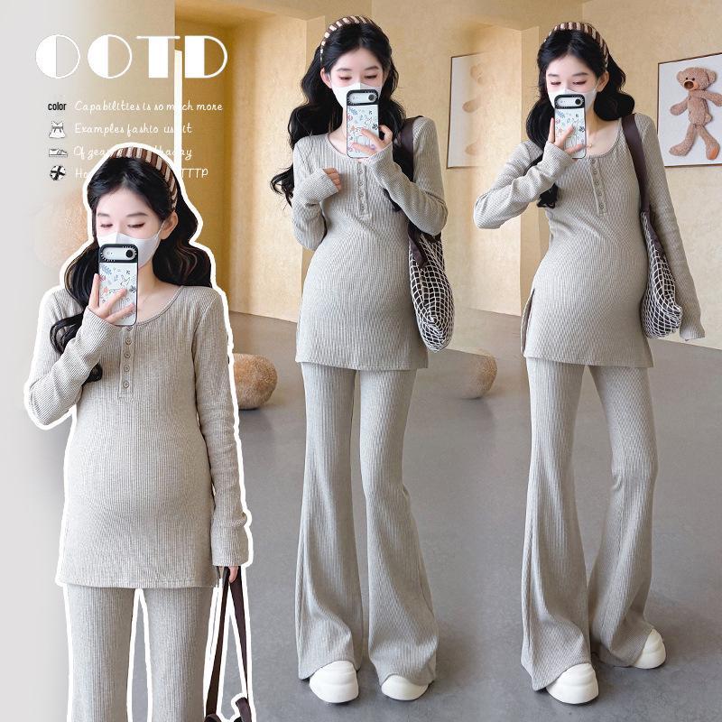 Maternity Chic: Korean-Style Long Sleeve Top & Micro Flare Pants Set for Spring/Autumn M