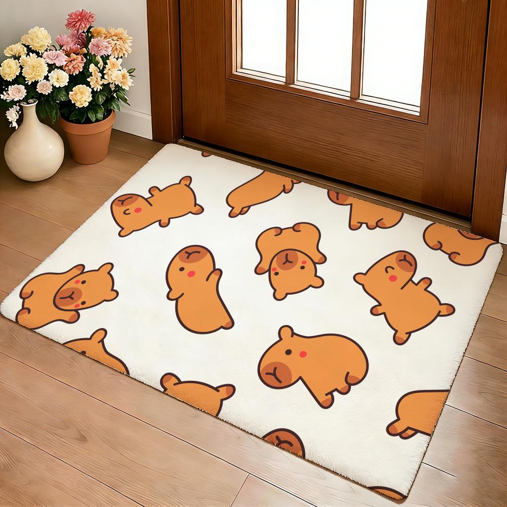 Cute Capybara Pattern Floor Mat Cozy Flannel Soft Thick Non-Slip Mat For Living Room Bedroom Kitchen Decor Rugs