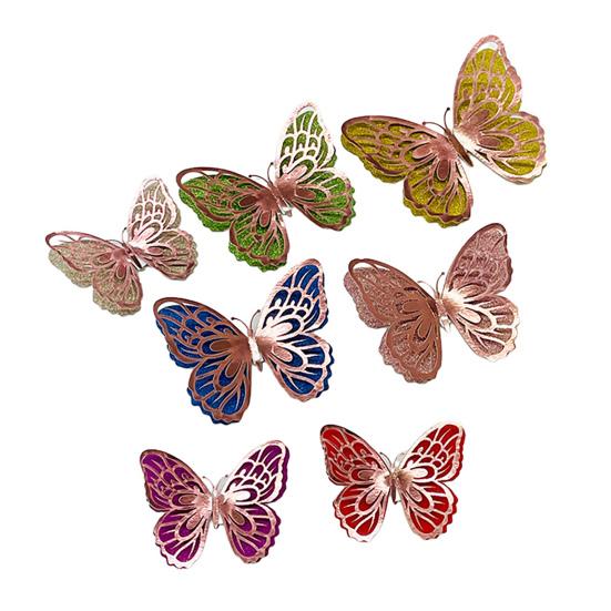 6 Pcs 3D Butterfly Wall Stickers Double-Layer Wing Butterfly Wall Art Glitter Sequined Removable Hollow Mural Decals for Birthday Cake Decoration
