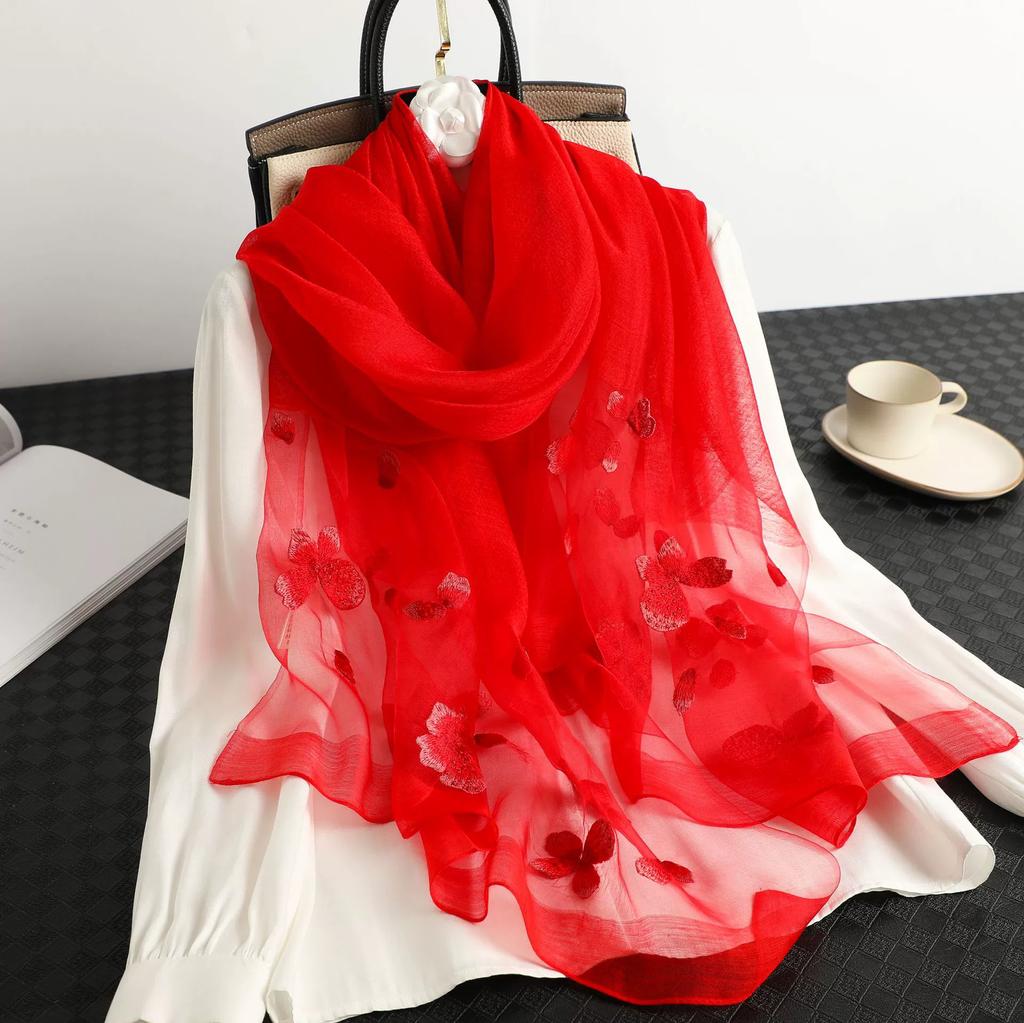 Floral Embroidered Silk Scarf Springautumn Thin Mulberry Silk Scarf Elegant And Decorative Shawl