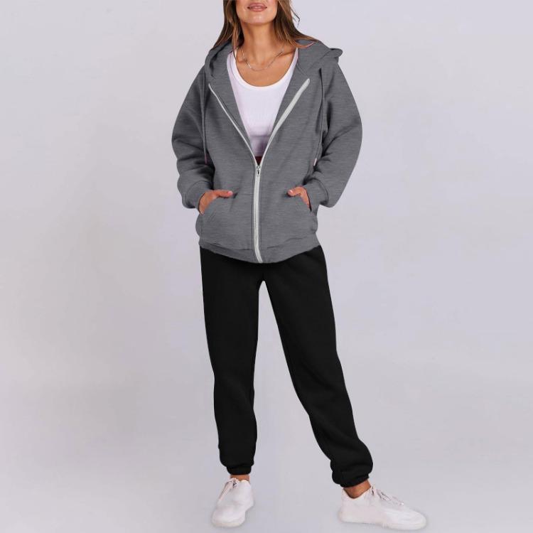 Dames Trainingspak Set Met Capuchon Lange Mouwen Effen Kleur Rits Elastische Taille Losse Mode