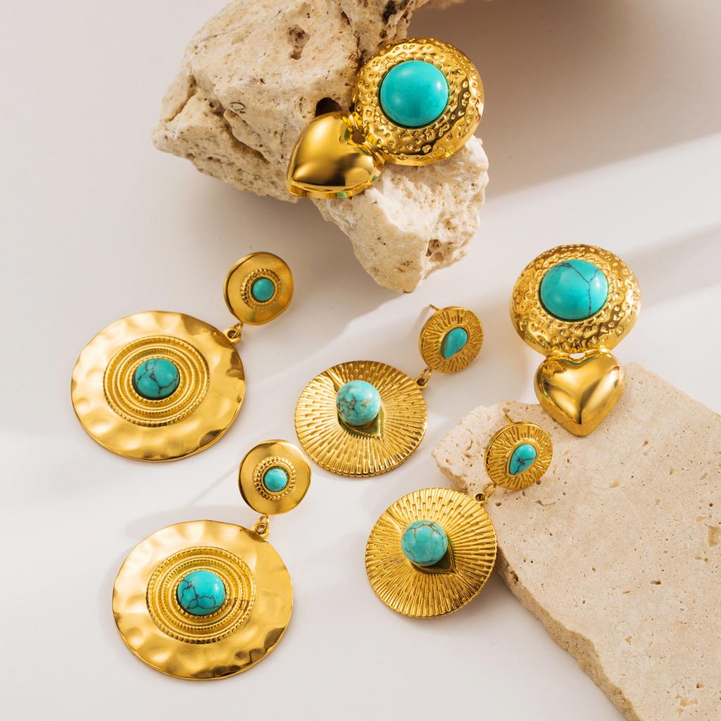 Stainless Steel Geometric Turquoise Inlaid Round Earrings Elegant High Grade Personality Earrings For Women Trendy Jewelry