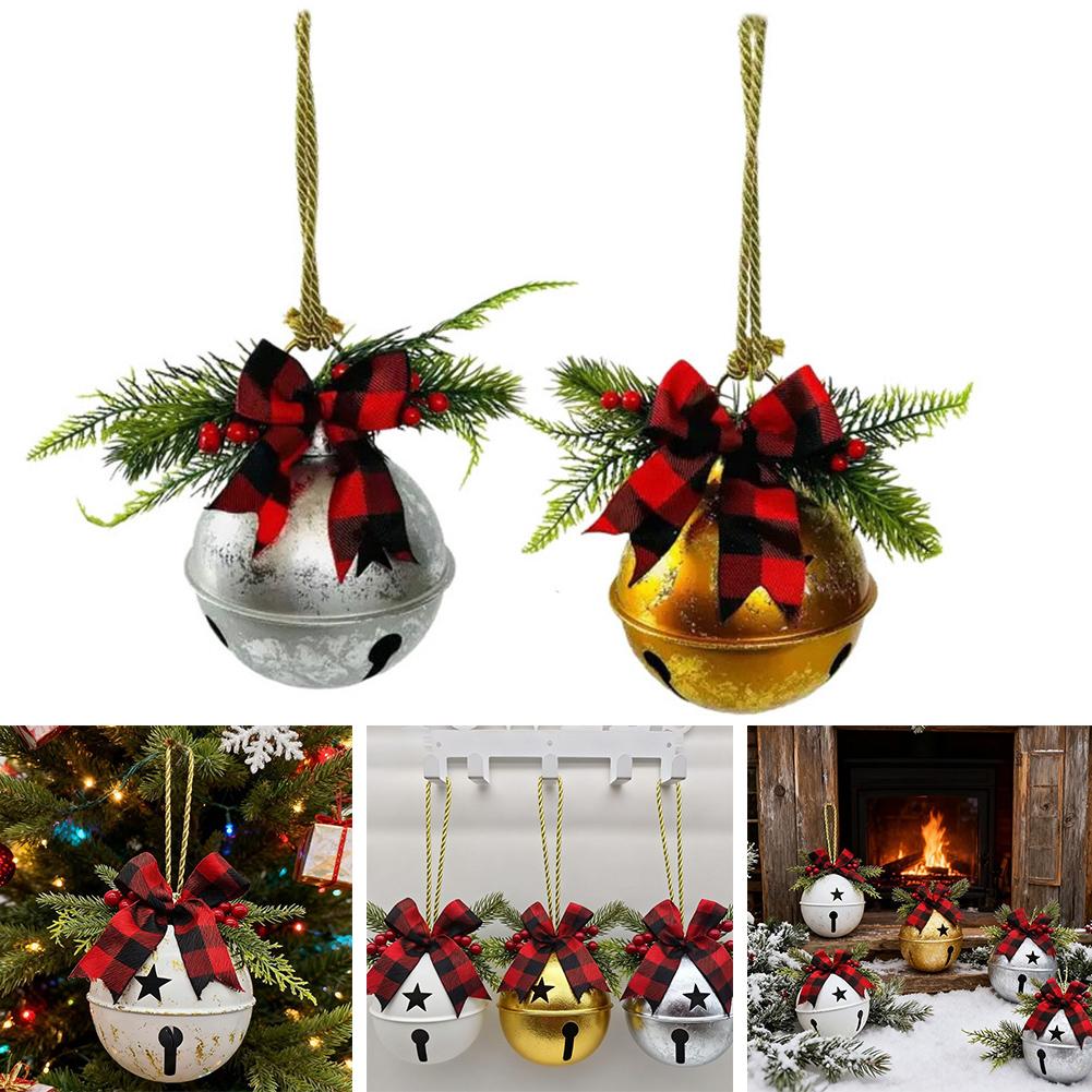 Holiday Season Metal Christmas Bells Ornament Featuring Holly Berry and Bow for Tree Door and Party Decorations