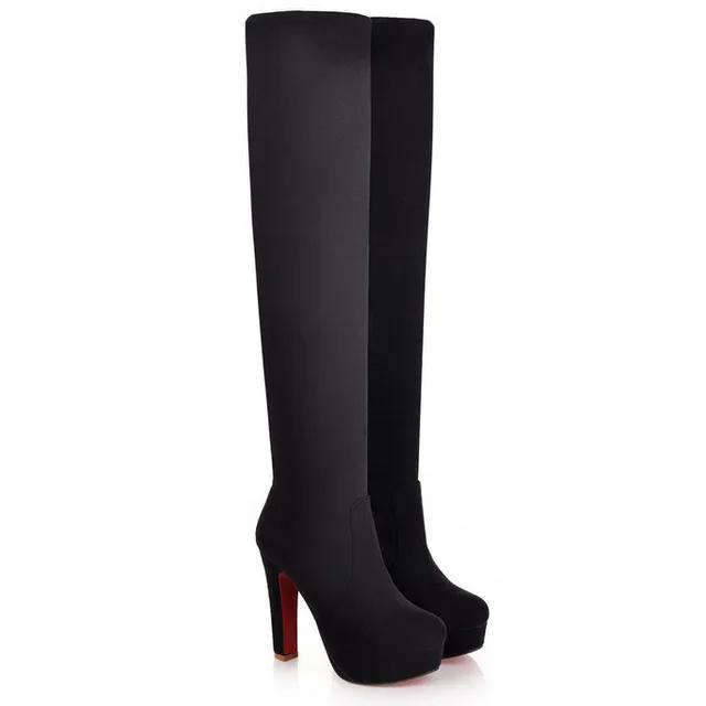 Women High Heels Slip On Over the Knee Sexy Long Boots Female Platform Ankle Patchwork Flock Two Ways Wear Plus Size