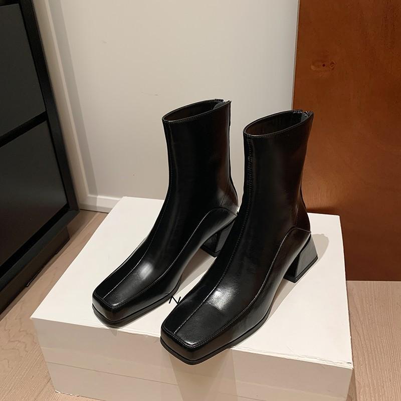 Women's boots thick heel square head short boots rear zipper leather boots versatile Korean women's leather boots