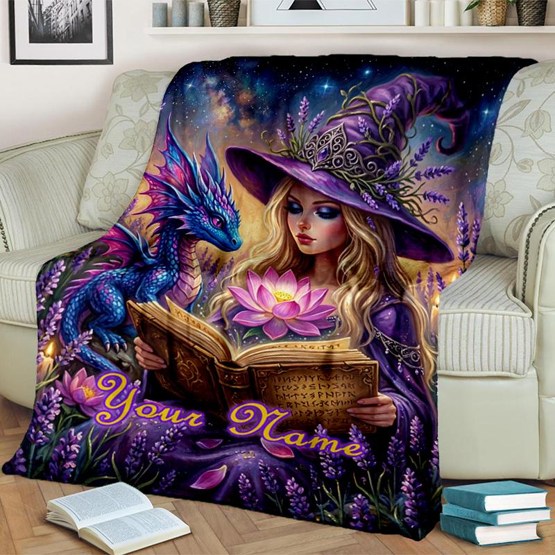 1PC Custom Name Witch Dragon Magic blanket versatile,all-season throw suitable for the living room,bedroom,camping,travel,and gift
