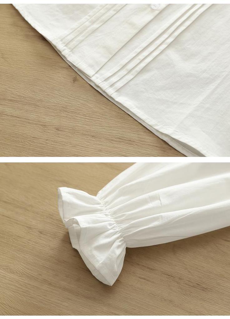 2024 Fall Collection: Women's Versatile Artistic Pure Cotton White Shirt with Big Collar, Long Sleeves, Accordion Pleats, and Tie-up Design