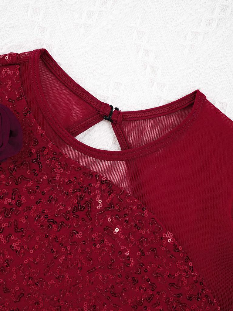 Robe de Danse Fille Manches Longues Col Rond Décoration Sequins Fleur Devant Creux Dos Robe de Performance Élégante