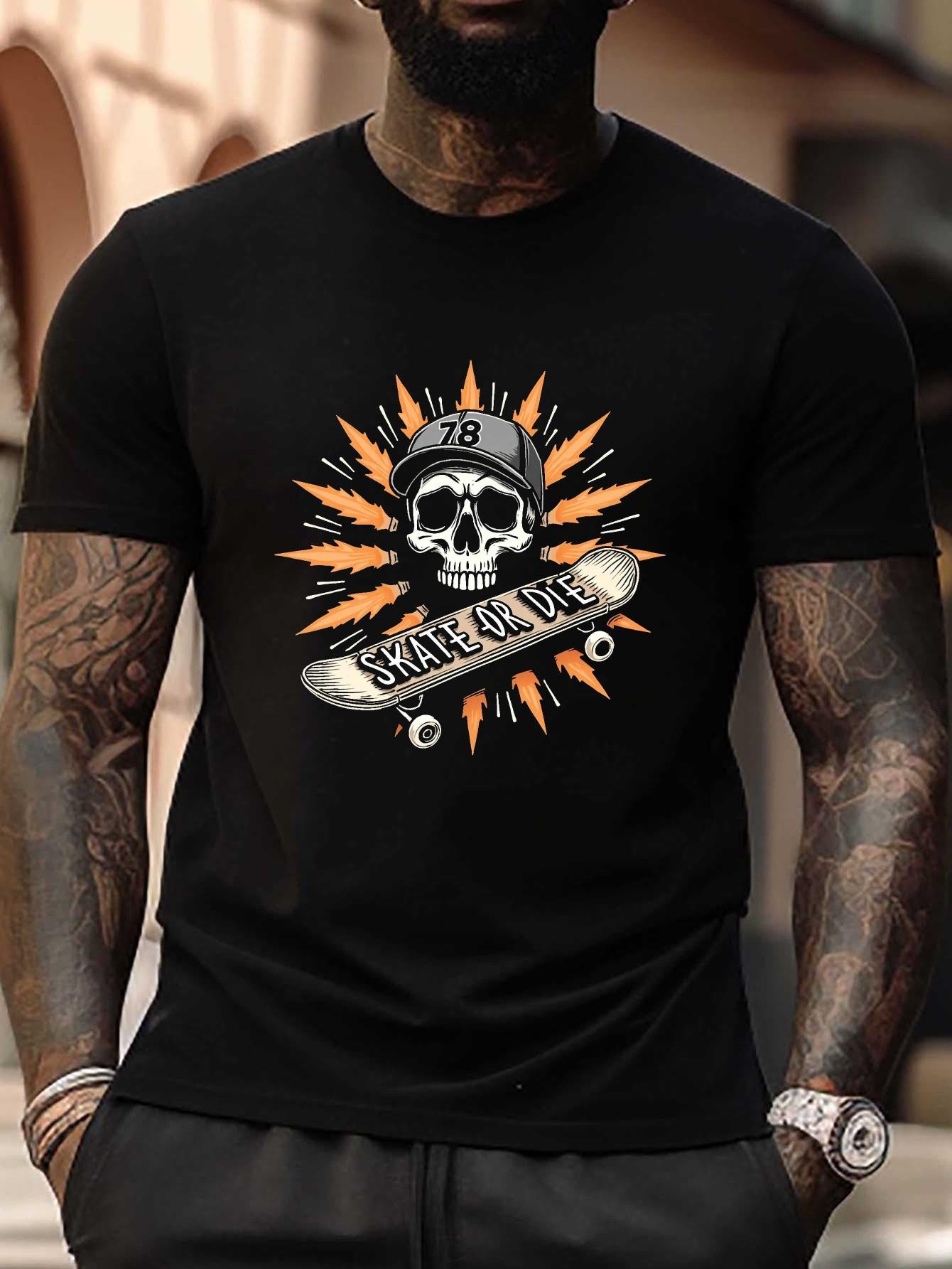 Skate Or Die Skull Skateboard Graphic T-shirt - Plus Size Casual Short Sleeve Tee with Geometric Design M