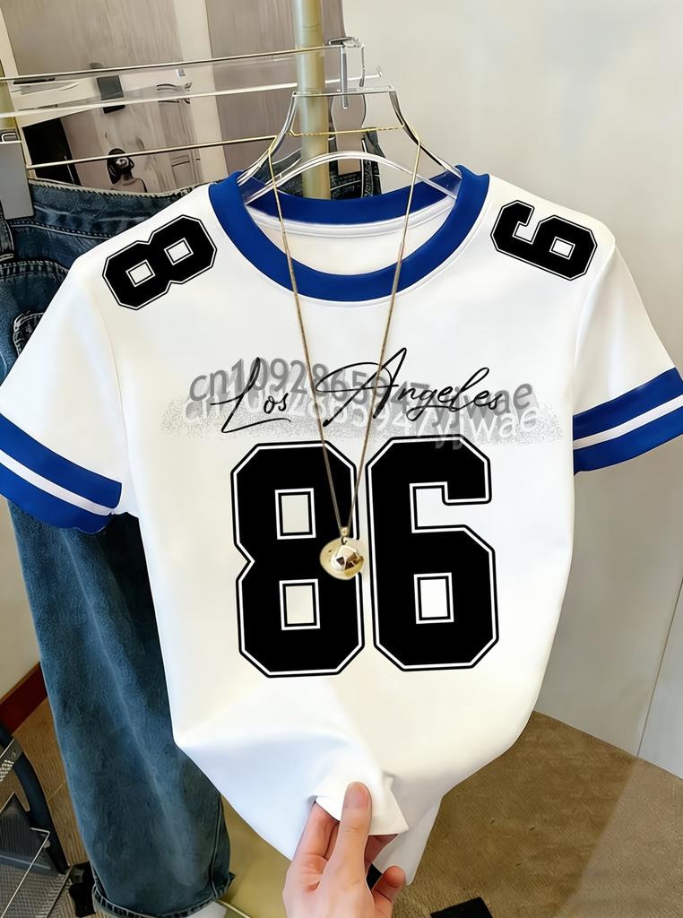 Womens MEN Short Sleeve STRIPE LOS ANGELES NO.86 Print T-Shirt Girl Round Neck Tee Outdoor Sports plus-size women's clothing