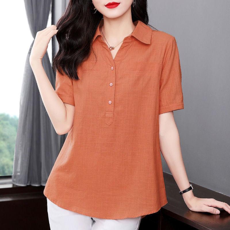 Sommer Oversized Baumwolle Leinen Kurzarm Shirt Damen Locker Lässig Bequem Cardigan Top Damen Schlichte Mode Bluse 3XL orange