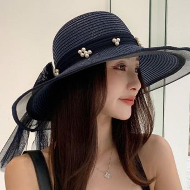 Pearl Decorated Straw Hat Women's Summer Outdoor Beach Visor French Casual Sunscreen Big Eaves Hat