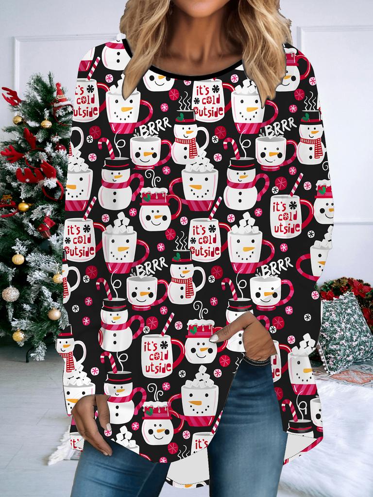 Plus Size Women Spring Christmas Printed Comfy Long Sleeve Round Collar T-shirt Casual Baggy Mid Length Tee Tops
