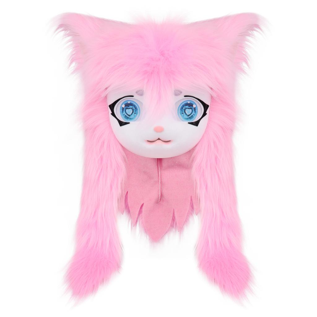 Cute Plush Furry Full Head Cat Mask Long Fur Big Heart Shaped Eyes Cosplay Costume Prop For Carnival Party Anime Role Play Coser