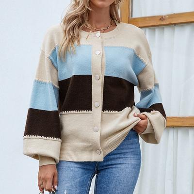 Colorblock Single-breasted Sweater Autumn and Winter New Lantern Sleeve European and American Sweater Women's Cardigan Jacket