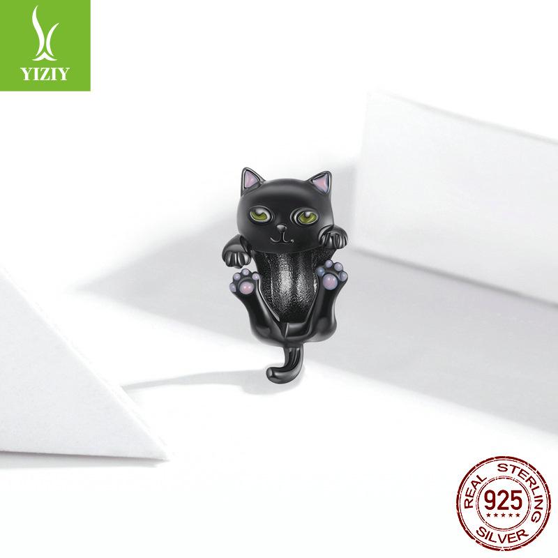 Black Gold Plated Cat Diy Bracelet Beaded, Cute Black Cat S925 Sterling Silver Beads Loose Beads