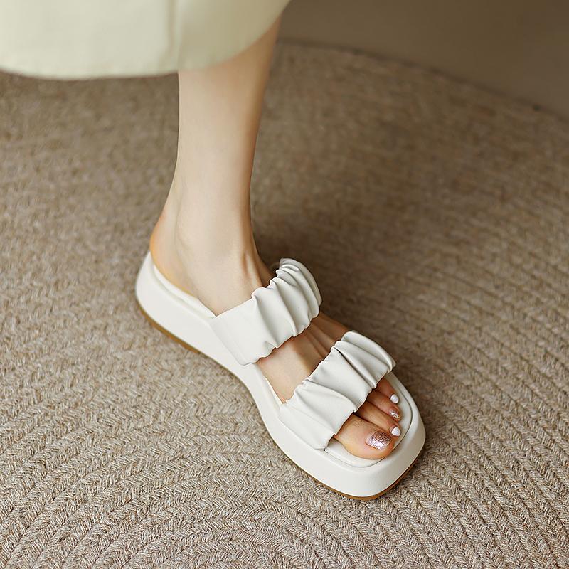 Genuine Leather Open Toe Outside Slides Women Sandals Flats Square Heel Concise Women Shoes Fashion Women Platform Shoes