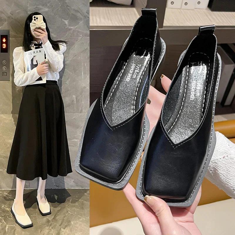 2025 Flat Shoes Women Square Toe Single Shoes Simple Temperament Leather Shoes Spring Autumn 4 Colors