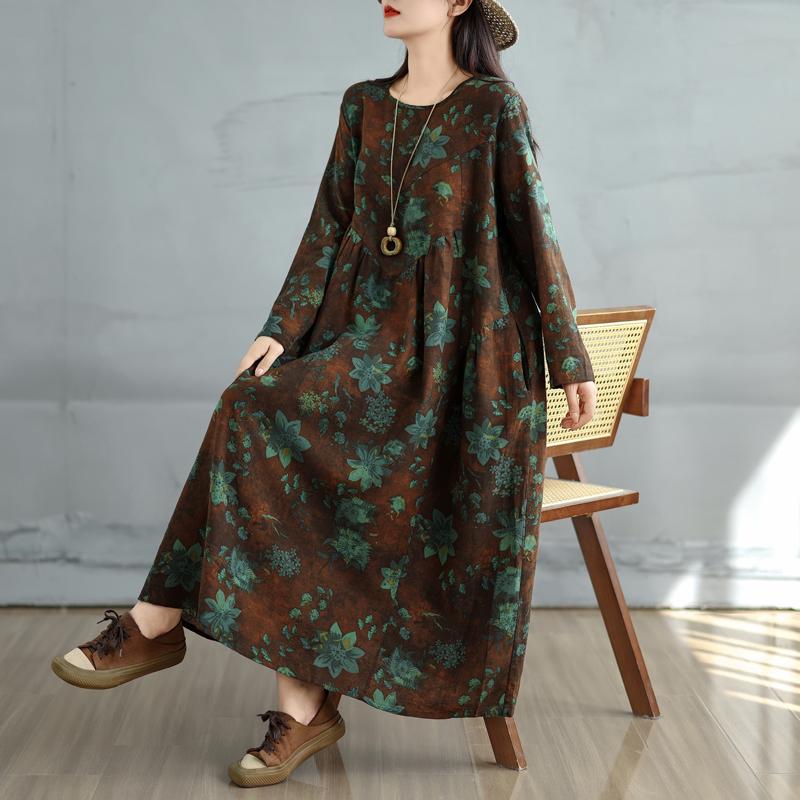 Dimanaf 2025 Dame Pluss Størrelse Vår Lang Kjole Løs Basic Trykk Vintage Casual Blomstret Oversize Langermet Maxi
