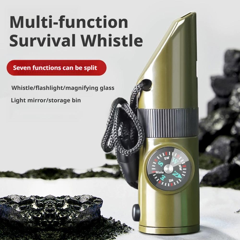 New 7 In 1 Camping Hiking Emergency Survival Whistle with Compass,Thermometer,Outdoor Whistle Camping Tools ArmyGreen Color