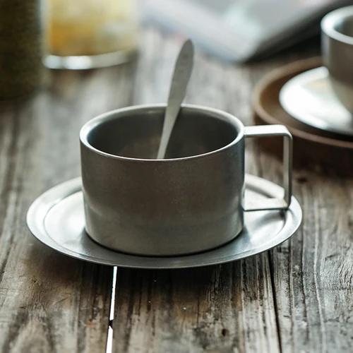 Retro Frosted Stainless Steel Coffee Cup Japanese Industrial Style 304 Stainless Steel Teacups and Saucers Household Tableware 180ml