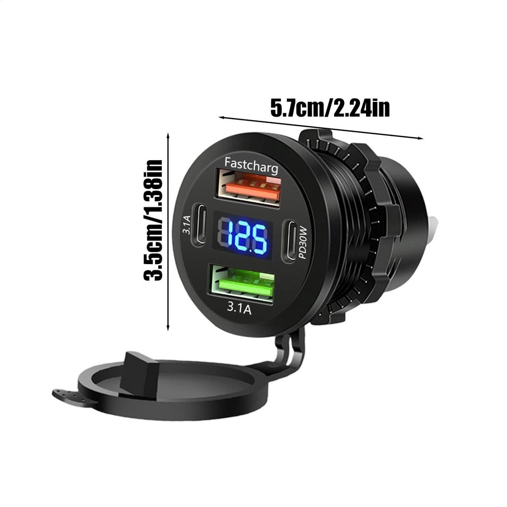Car Charger Socket Dual PD & Dual USB 4Ports Fast Charging Socket Waterproof with Voltmeter 12V/24V For Car Boat Motorcycle