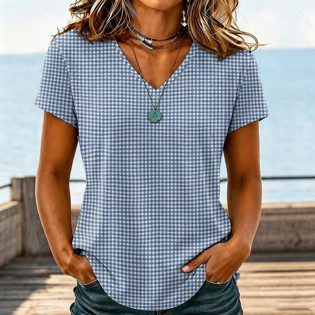 Top Casual da Donna con Scollo a V a Maniche Corte con Fantasia a Quadri Leggera Camicetta per l'Uso Quotidiano e le Attività all'Aperto