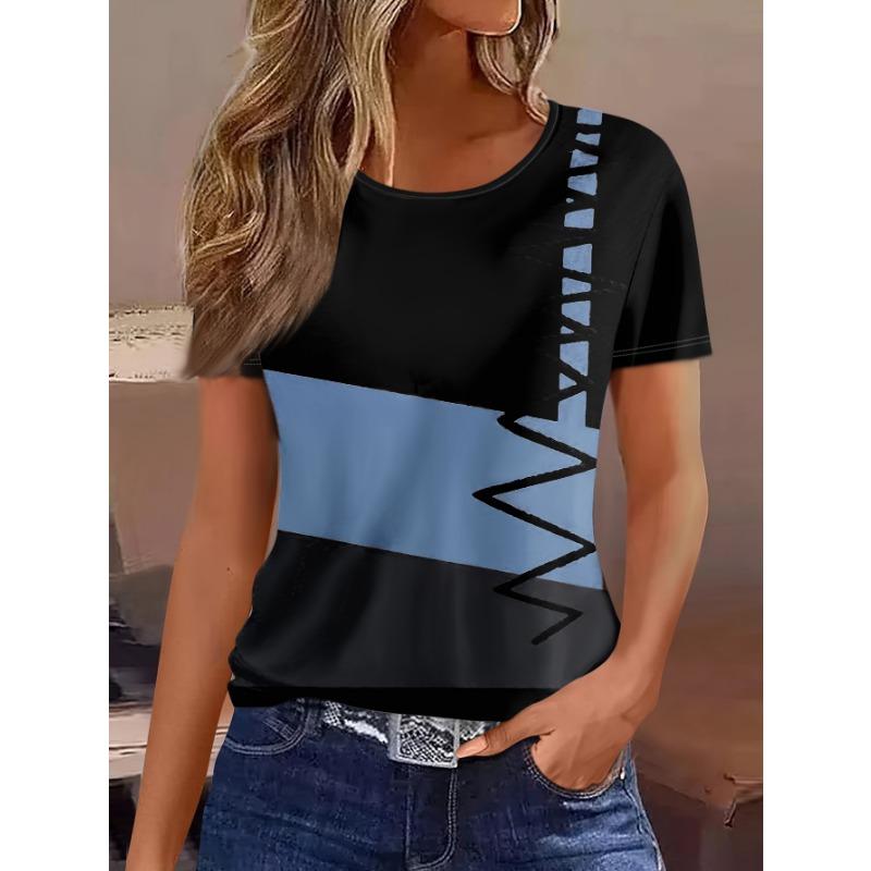 Summer Women's Clothing Simple Line Printing Ladies T-shirt Round Neck Short Sleeve Street Casual Daily Basic Tops