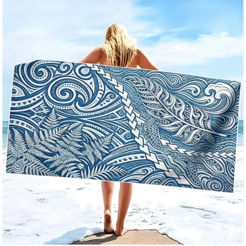 Maori Tribal Feather Beach Towel, Microfiber Sand Free Quick Dry Black & White Polynesian Print Soft Absorbent for Summer & Pool