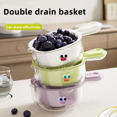 Dual-Layer Drain Basket with Ergonomic Handle Large Capacity BPA Free Multi-Purpose Fruit Cleaning Bowl with Strainer