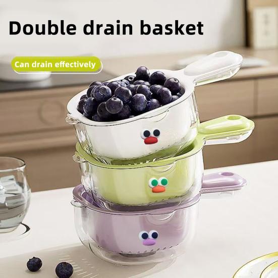 

Dual-Layer Drain Basket with Ergonomic Handle Large Capacity BPA Free Multi-Purpose Fruit Cleaning Bowl with Strainer B фіолетовий