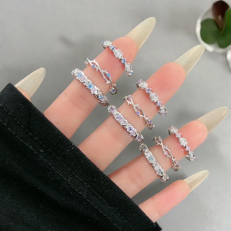 French Light Luxury Cross-Color Mixed Zircon Rose Open Ring Ring Women'S Niche Premium Thorn Ring