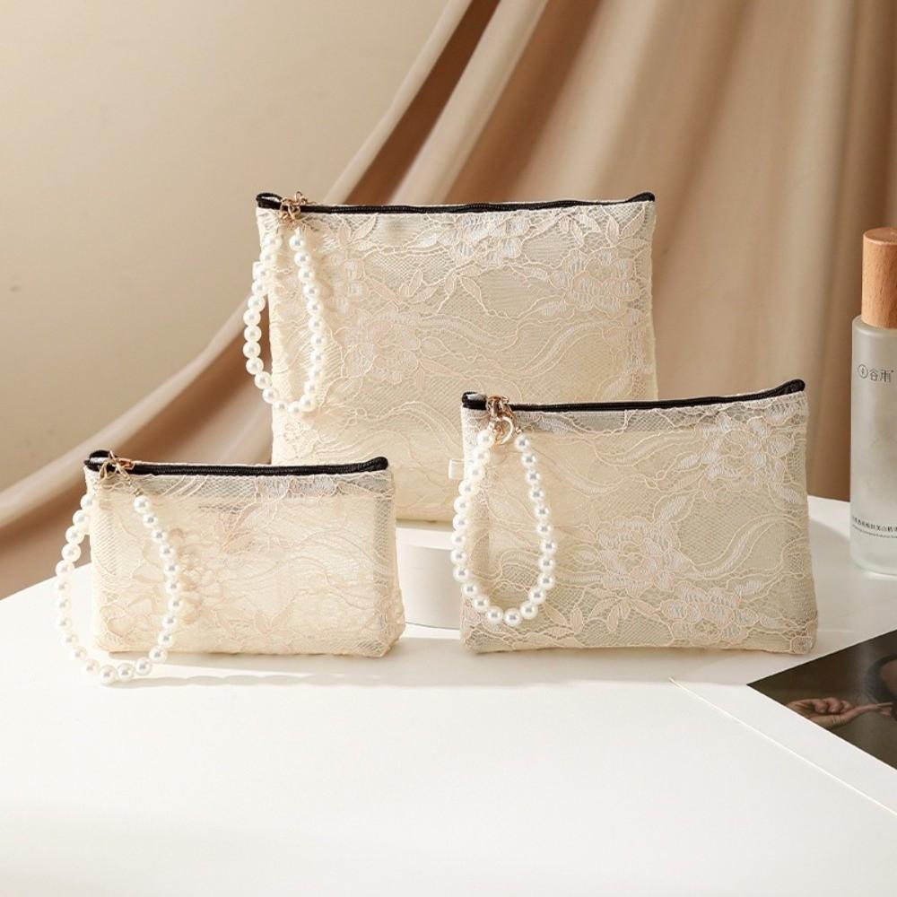 

Fashion Portable Lace Cosmetic Pouch Multifunctional with Imitation Pearl Chain Makeup Bag Wallet Travel Organizer