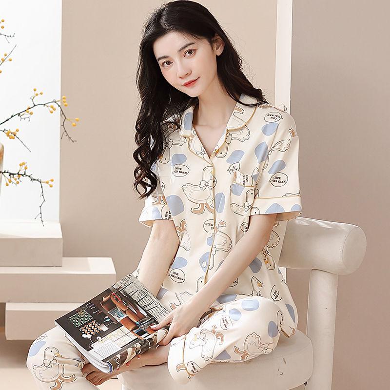 New pajamas women's summer short-sleeved trousers 100% pure cotton thin women's casual lapel mother loungewear set summer