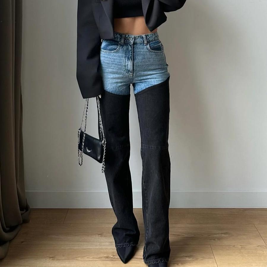 Spring New Style Fashion Casual Color Block Patchwork Straight Leg Women Distressed Jeans S чёрный