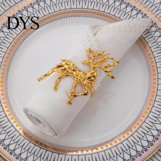 Gold Napkin Holders Christmas Deer Ring, Faceted Metal Elk Holder, Reusable Western Style Tableware Ring for Xmas Holiday Wedding Receptions