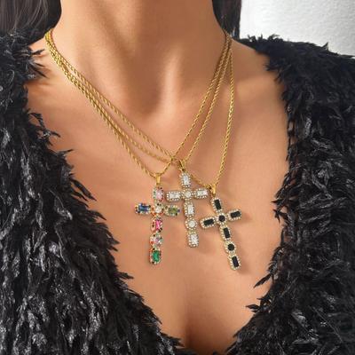 European Luxury 18K Gold Electroplated Titanium Steel Colorful Zirconia Cross Necklace