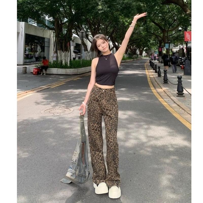 New Fashion Leopard Print Retro Women's Pants Elegant Casual Wide-leg High Street Straight Jeans Spring Autumn Casual Long Pants Loose Trousers 2215
