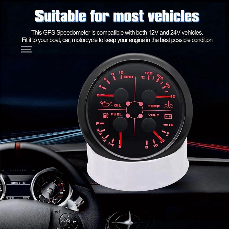 Portable 85Mm 4-In-1 Multifunction Gauge With 0-190Ohms/240-33Ohms Fuel Level Gauge Water Temp Oil Press Voltmeter